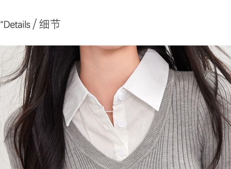 Long-Sleeve Collared Mock Two-Piece Two Tone Slim Fit Knit Top Product Image