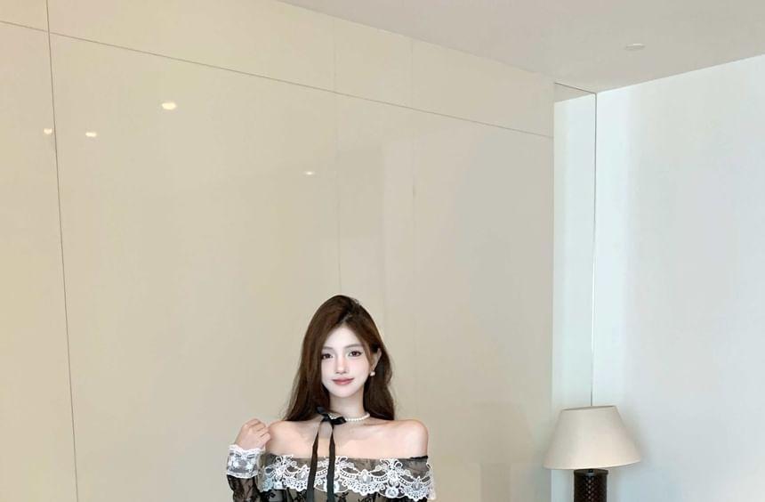 Off-The-Shoulder Long Sleeve Lace Trim Mini A-Line Dress Product Image