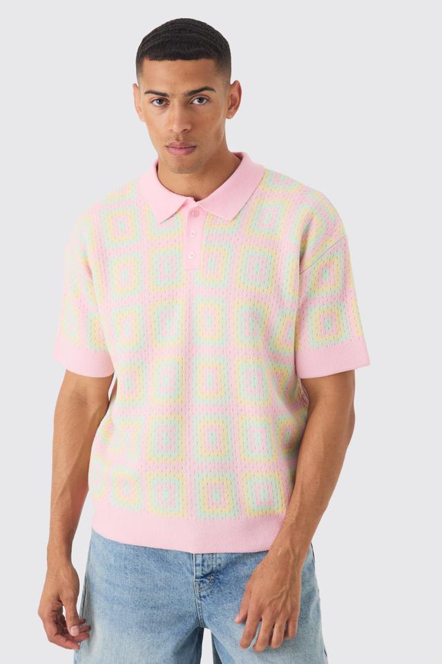 Oversized Crochet Knit Polo | boohooMAN USA Product Image