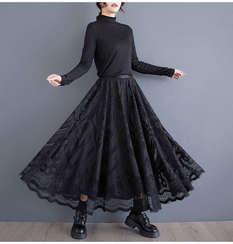 Elastic Waist Lace Overlay Midi A-Line Skirt Product Image