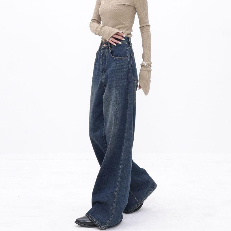 High Waist Washed Wide Leg Jeans Product Image