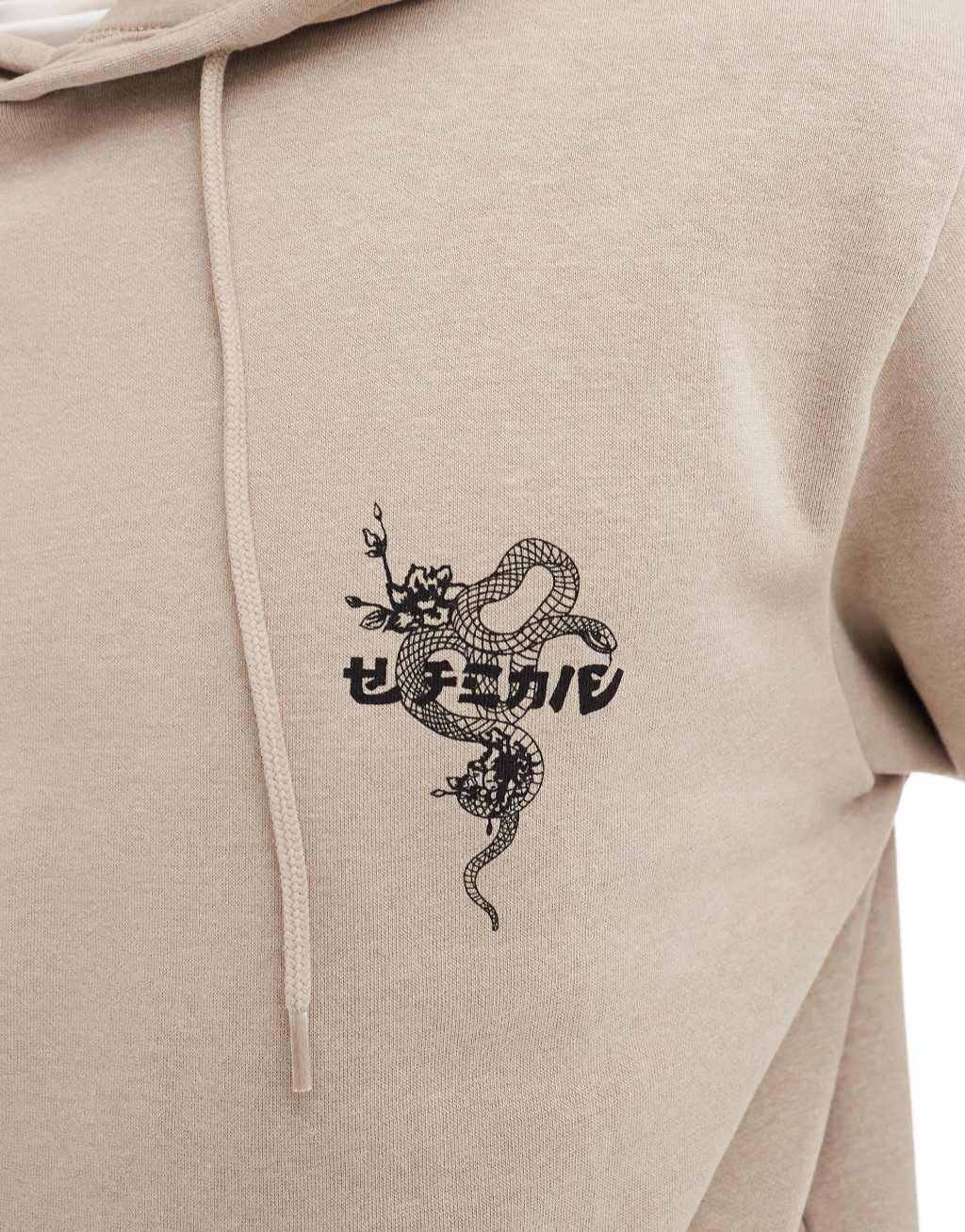 Jack & Jones oversized snake back print hoodie in beige  Product Image