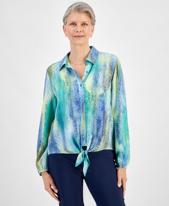 Jm Collection Womens Printed Long Sleeve Button-Front Tie-Hem Top, Created for Macys Product Image