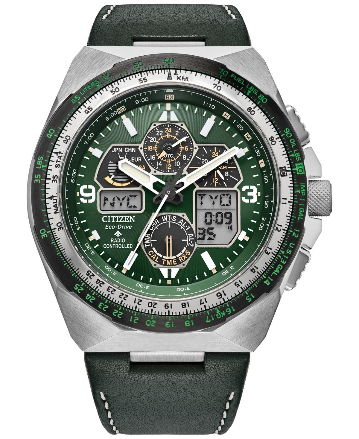 Citizen Eco-Drive Mens Chronograph Promaster Skyhawk Green Leather Strap Watch 46mm Product Image