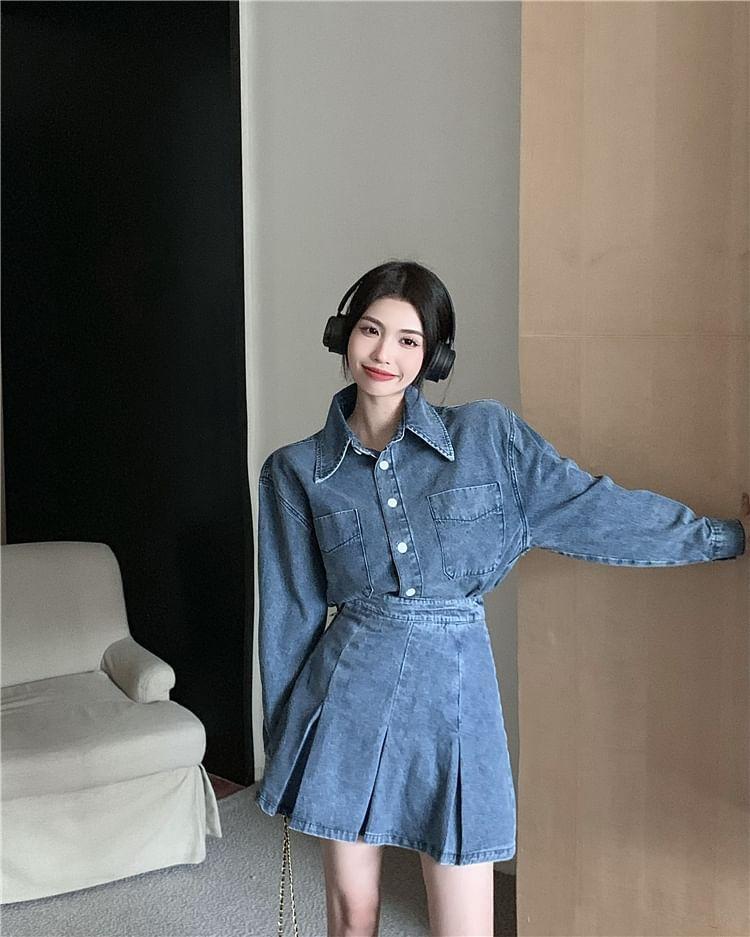 Long Sleeve Collared Washed Denim Shirt / High Waist Pleated Mini A-Line Skirt Product Image