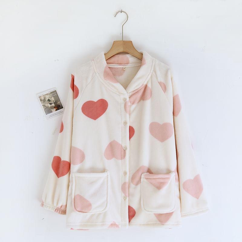 Collar Print Fleece Button Pajama Top Product Image