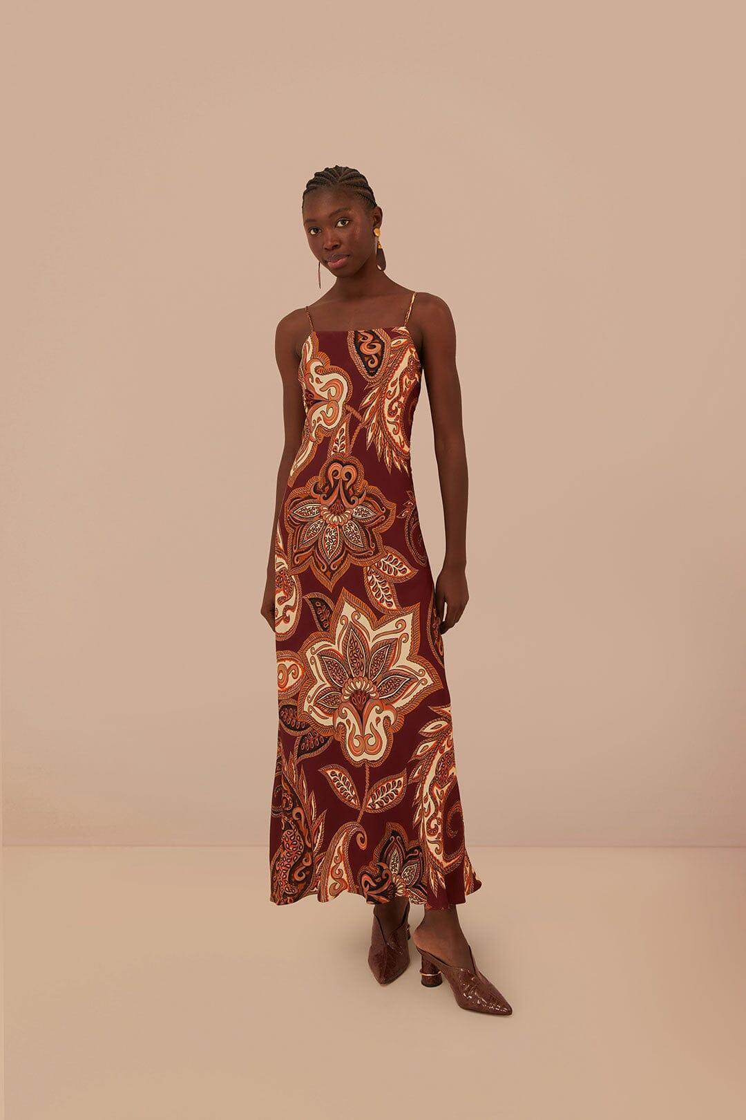 Burgundy Leopard Paisley LENZING™ ECOVERO™ Viscose Maxi Slip Dress Product Image