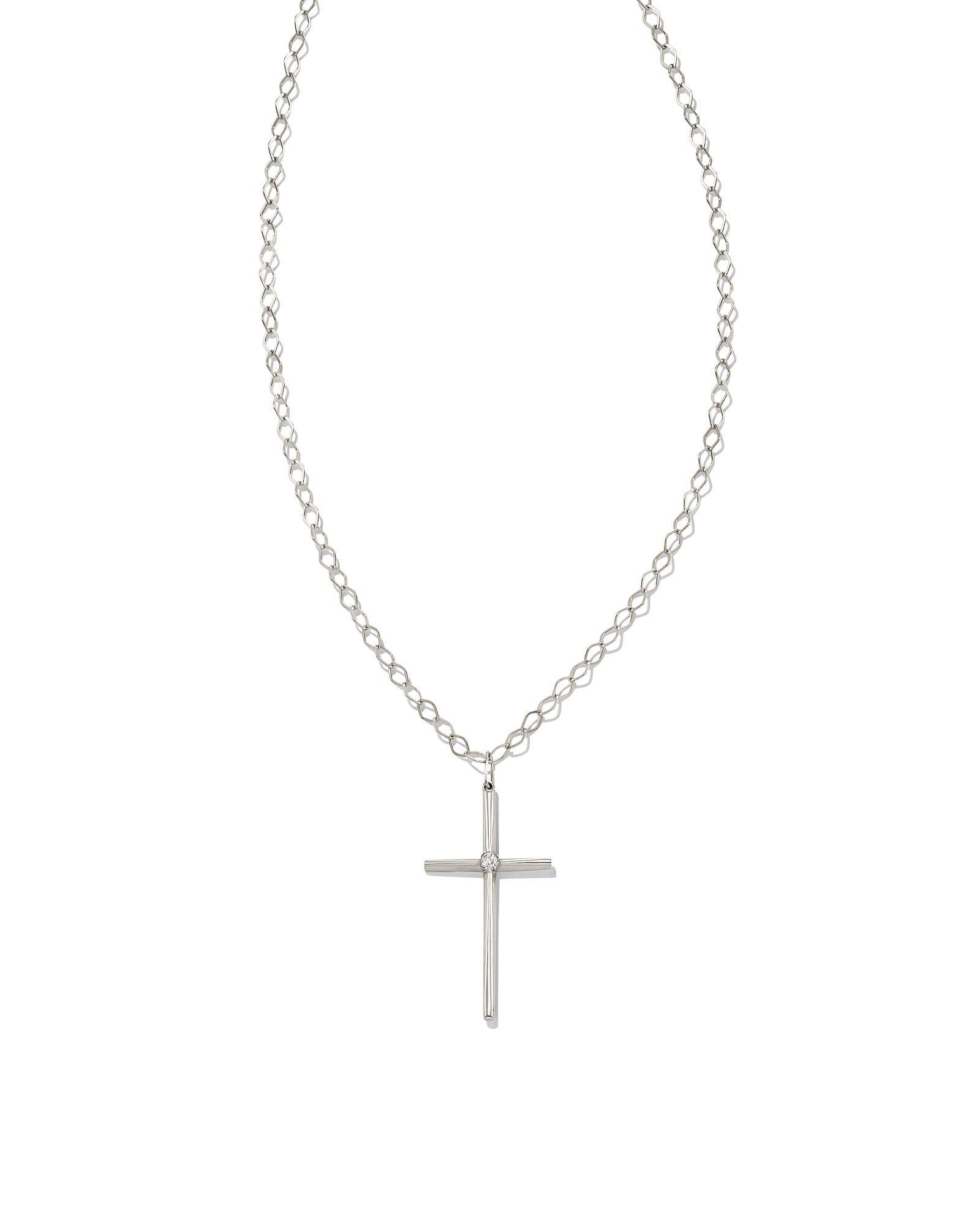 Kendra Scott Thin Cross 14k White Gold Charm in White Diamond Necklace | Diamonds Product Image