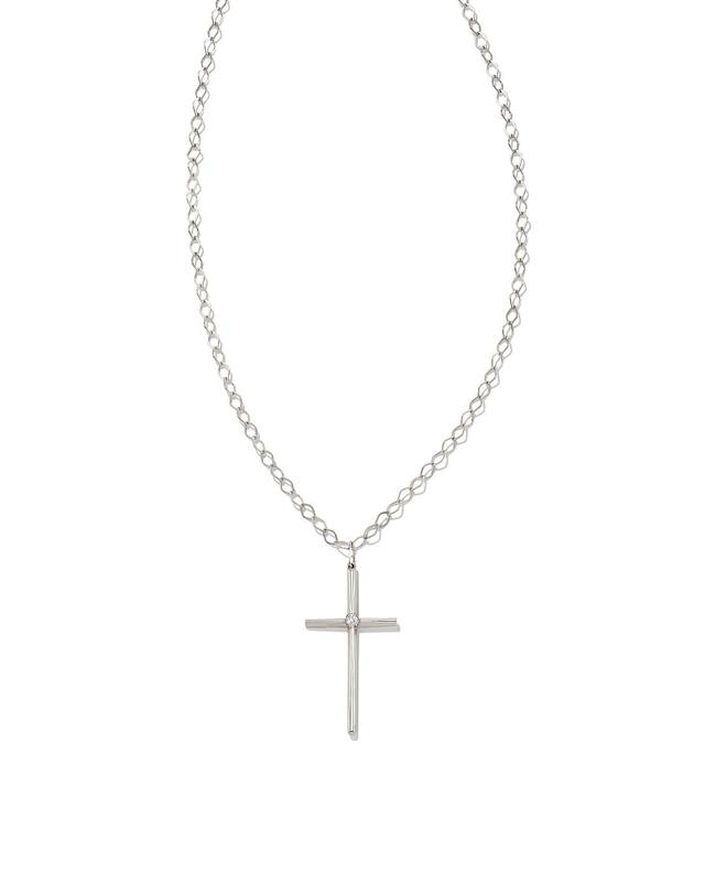 Kendra Scott Thin Cross 14k White Gold Charm in White Diamond Necklace | Diamonds Product Image