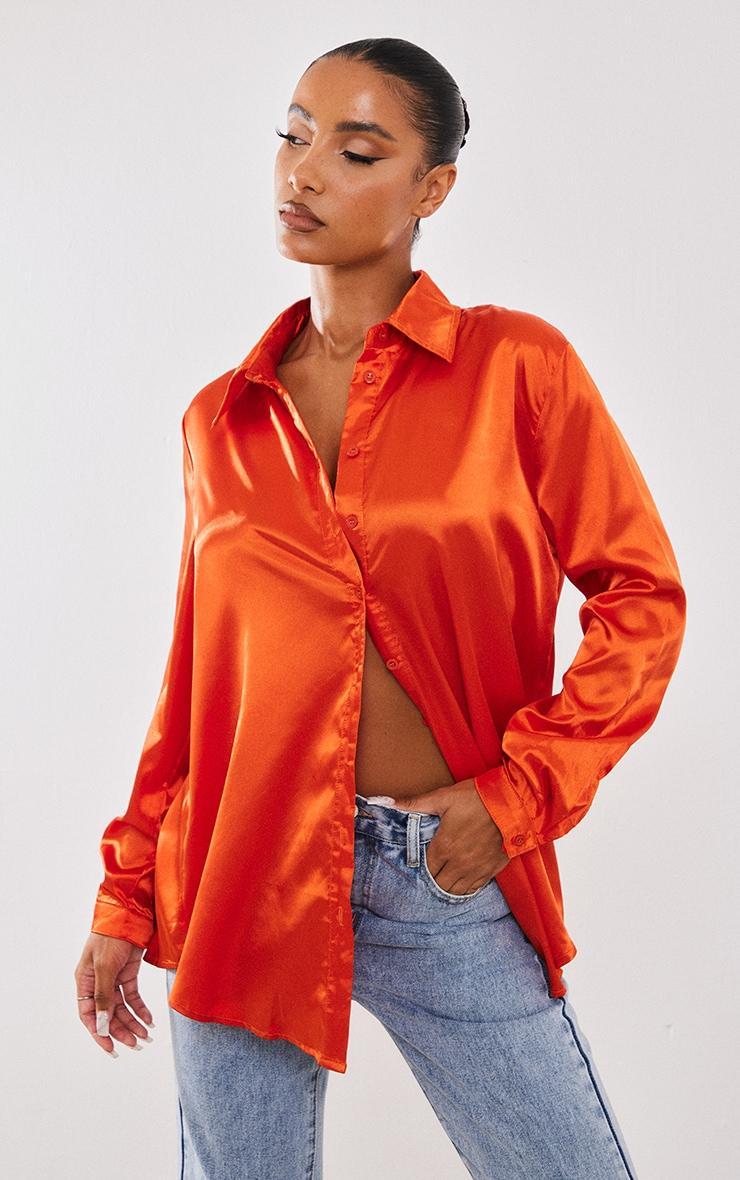 Orange Satin Button Front Shirt Product Image