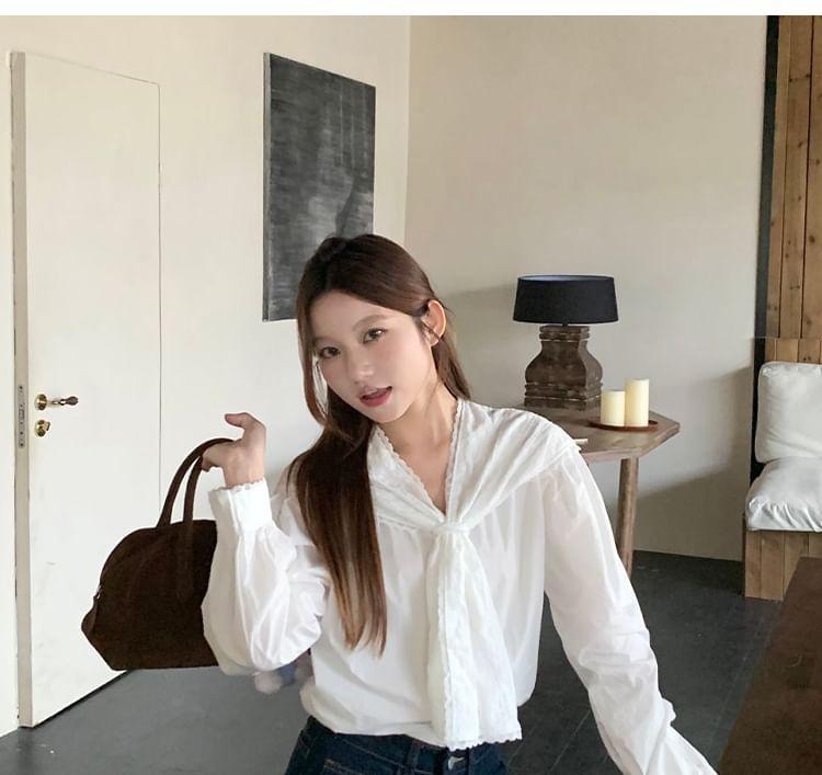 Long-Sleeve V-Neck Mock Two-Piece Plain Lace Trim Button-Up Blouse Product Image