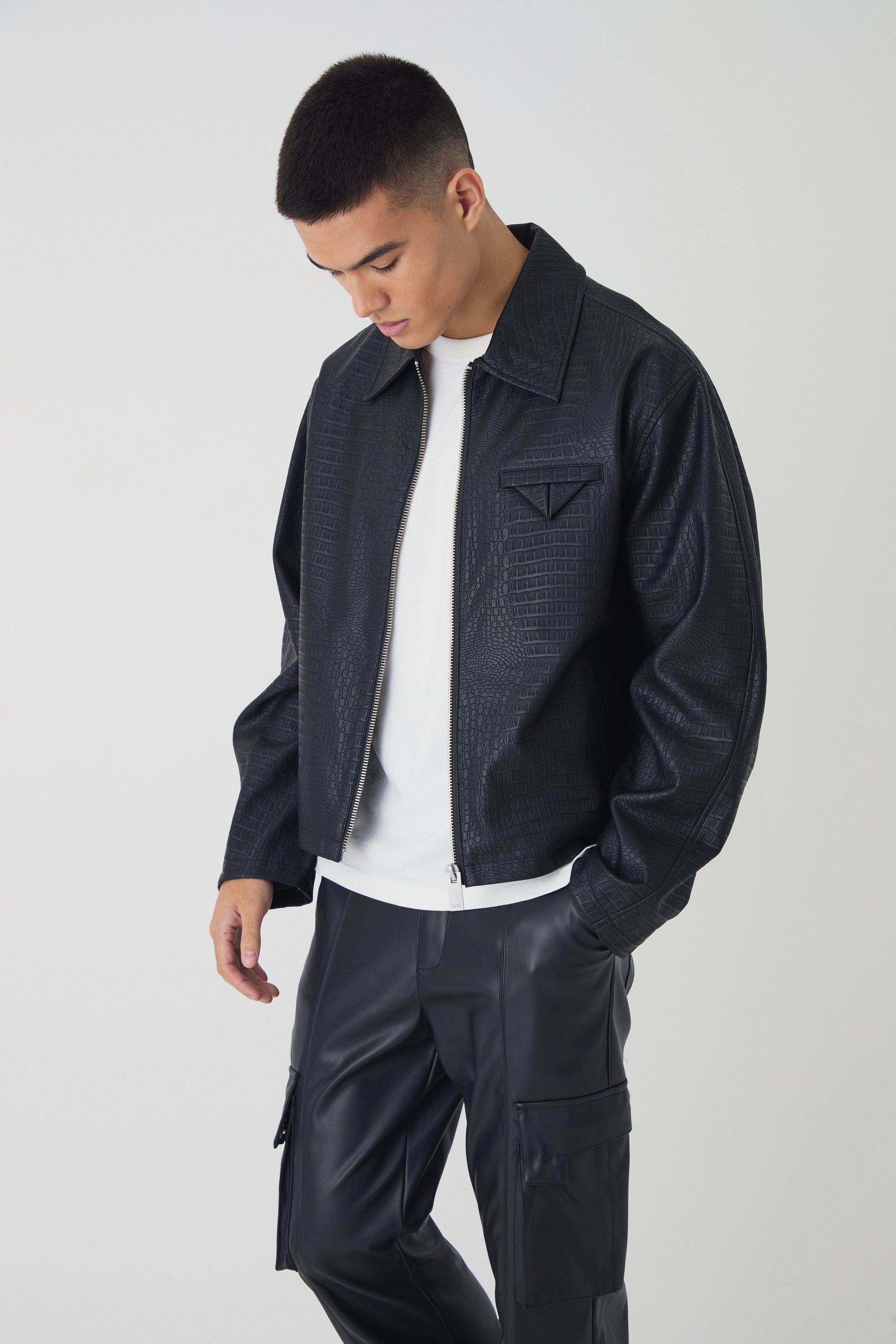 Boxy Textured PU Collared Bomber Jacket In Black | boohooMAN USA Product Image