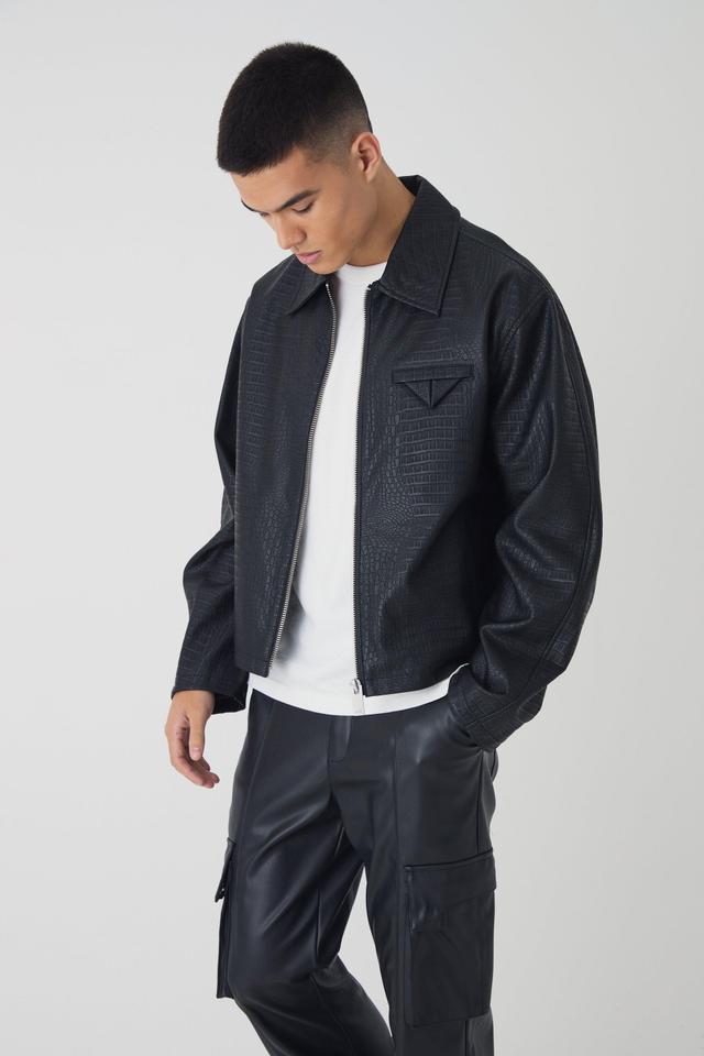 Boxy Textured PU Collared Bomber Jacket In Black | boohooMAN USA Product Image