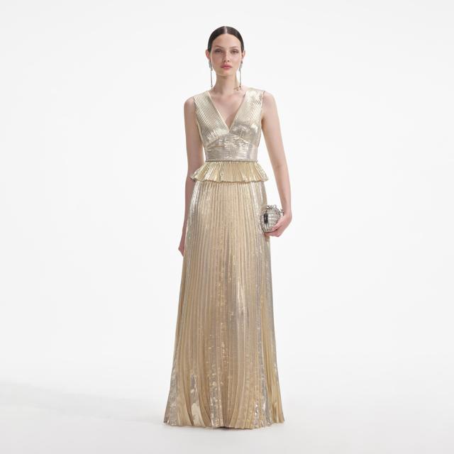 Gold Metallic V-Neck Maxi Dress Product Image