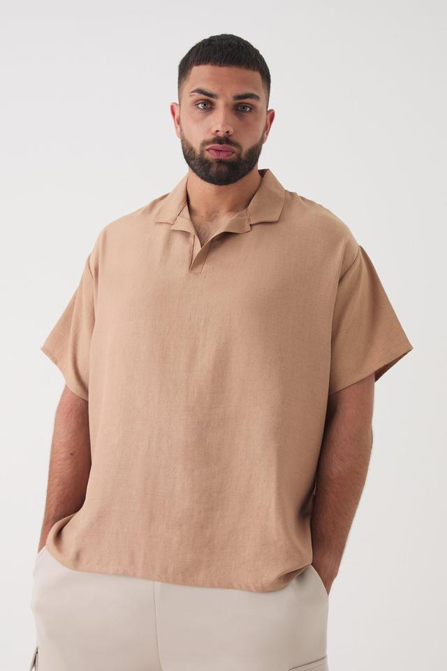 Plus Oversized Linen Revere Polo In Taupe | boohooMAN USA Product Image