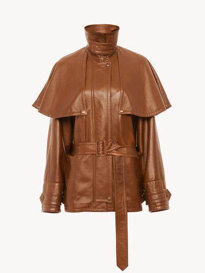 Short cape trench coat in soft glossy leather Product Image