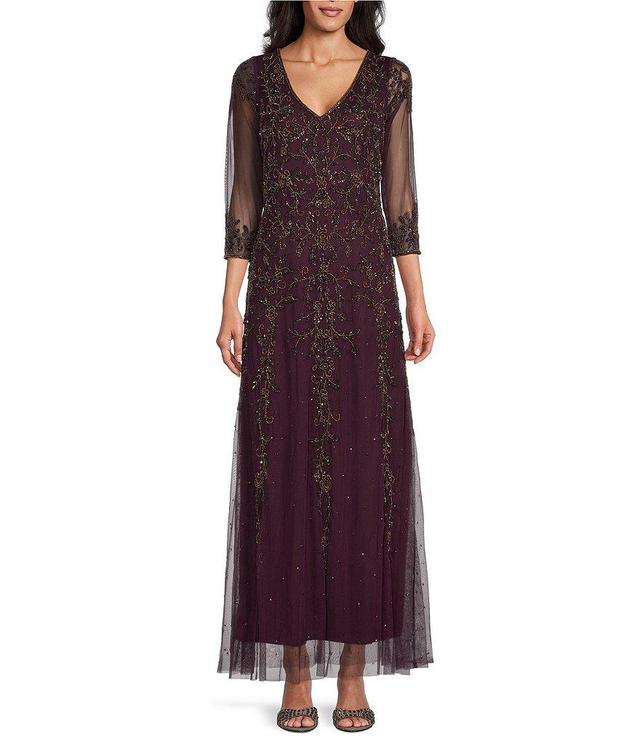 Pisarro Nights Petite Size Beaded Mesh V-Neck 3/4 Sleeve Gown Product Image