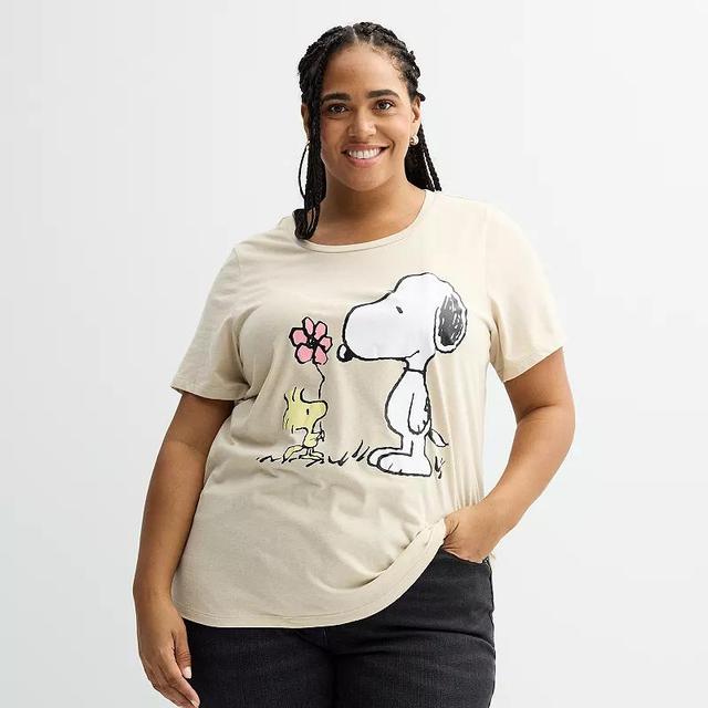 Plus Size Peanuts Snoopy & Woodstock Flower Graphic Tee, Womens Silver Product Image