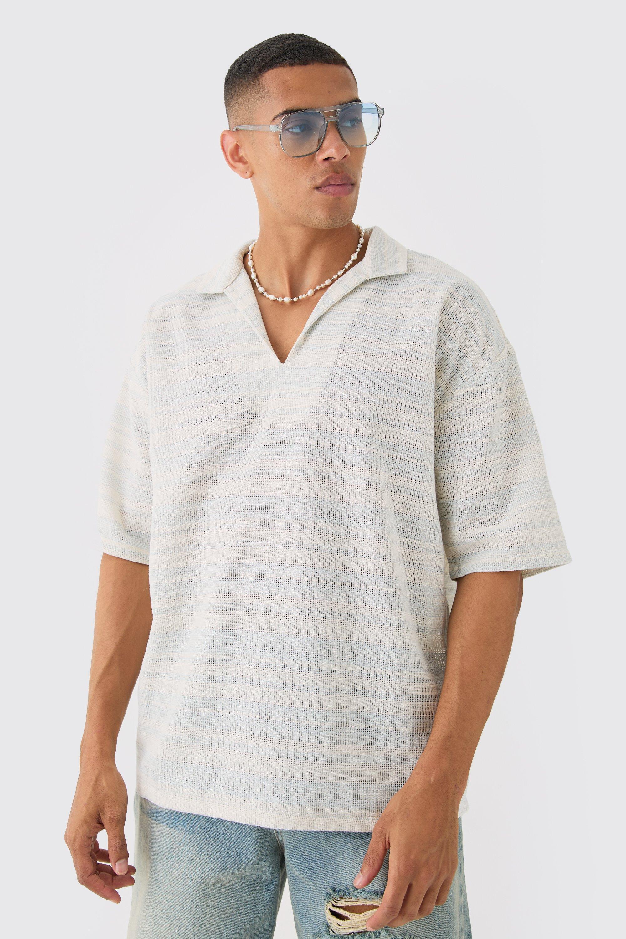 Mens Blue Overhead V Neck Woven Stripe Shirt, Blue Product Image