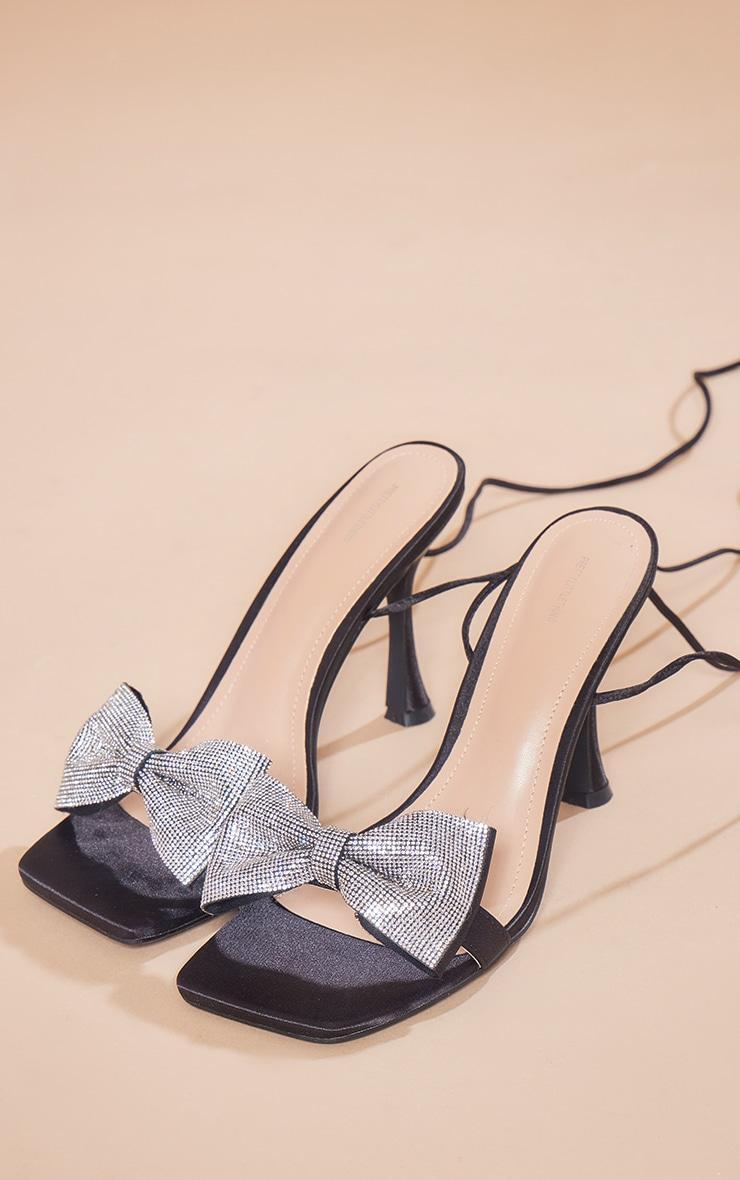 Black Satin Square Toe Diamante Bow Strappy Lace Up Heeled Sandals Product Image