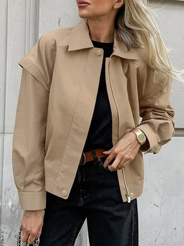 Long Sleeves Loose Buttoned Elasticity Solid Color Zipper Lapel Jackets Outerwear Product Image