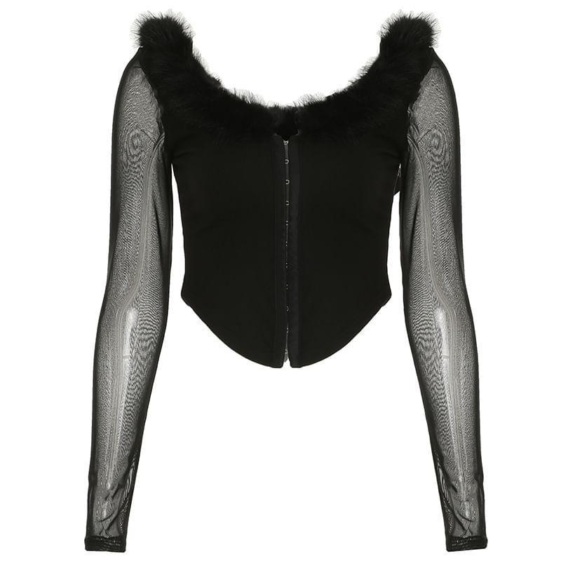 Long Sleeve V-Neck Furry-Trim Slim-Fit Top Product Image