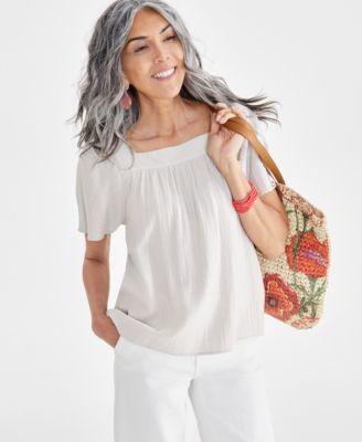 Petite Cotton Square-Neck Raglan-Sleeve Top, Created for Macy's  Product Image