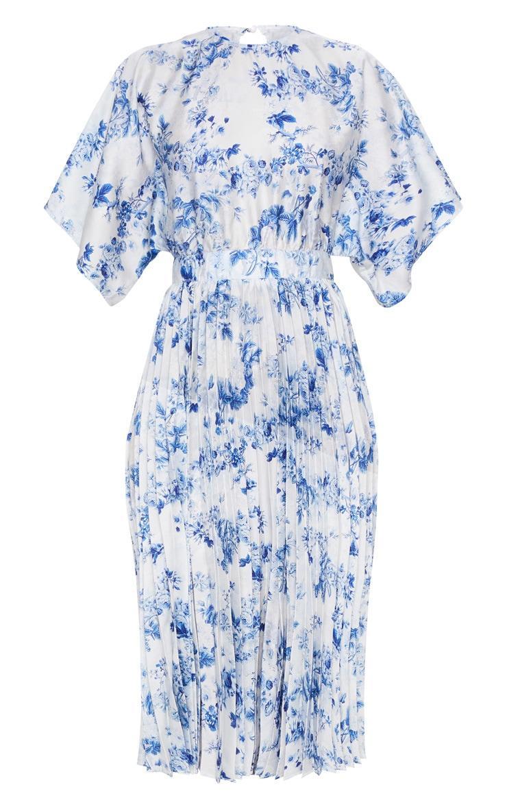 Pastel Blue Floral Print Open Back Pleated Midi Dress Product Image