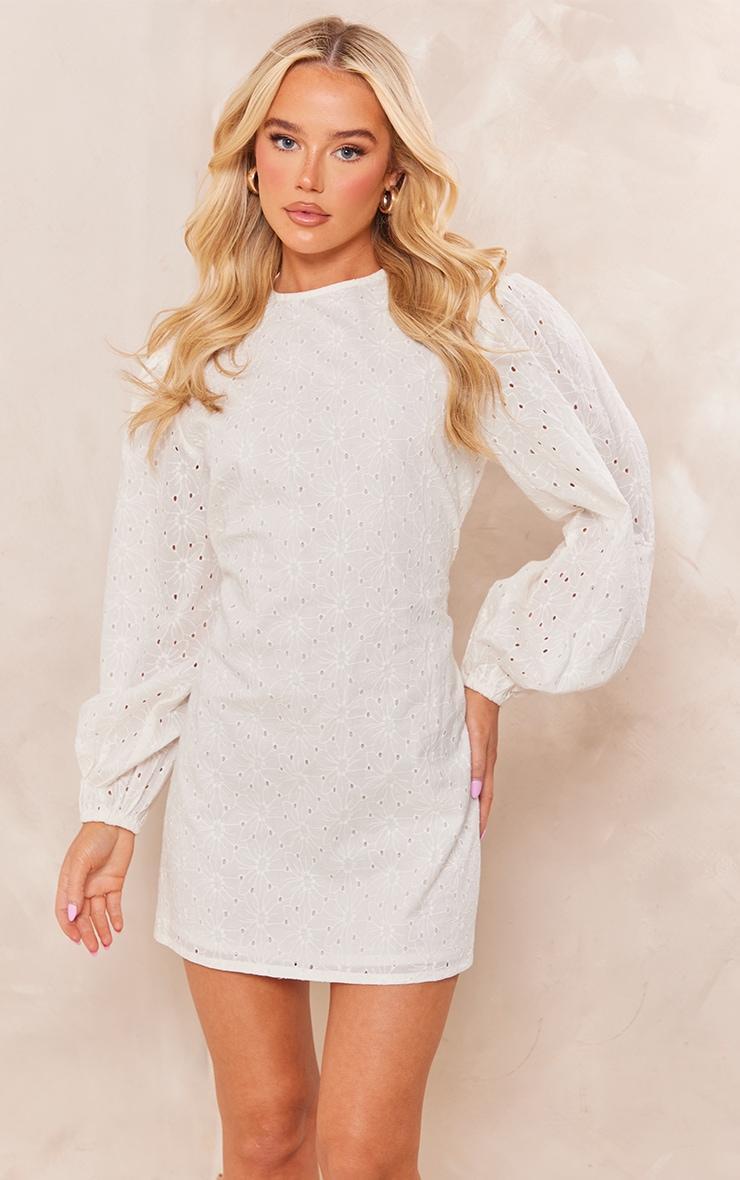 White Broderie Tie Cut Out Back Shift Dress Product Image