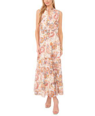 Women's Printed Tie-Neck Sleeveless Maxi Dress Product Image