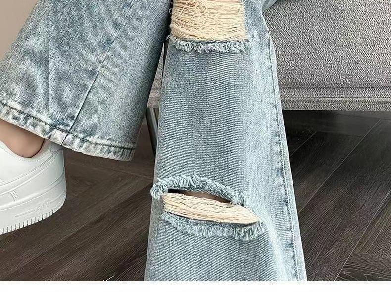 High Waist Ripped Washed Loose Fit Jeans Product Image