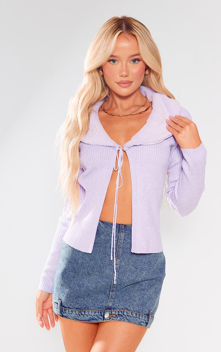 Lilac Faux Fur Collar Rib Knit Cardigan Product Image