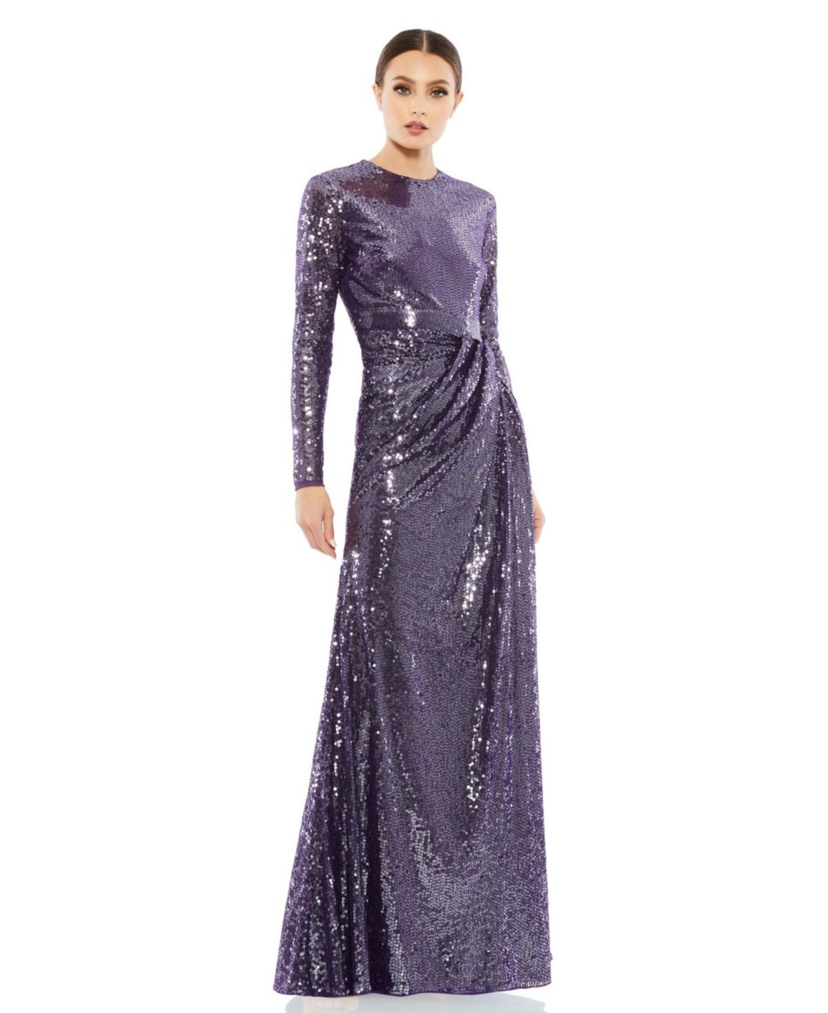 Womens Sequined High Neck Long Sleeve Draped Gown product image