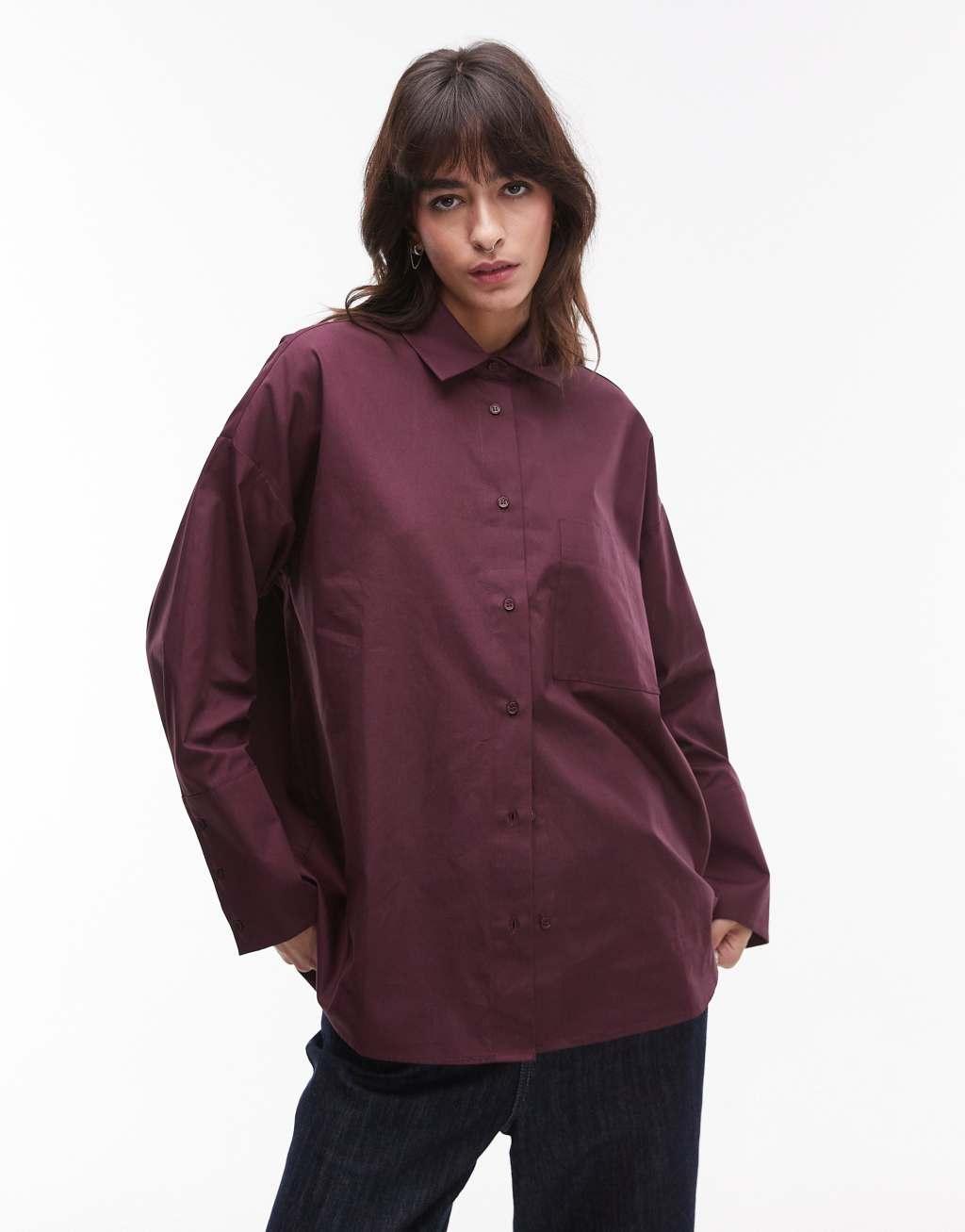 Topshop oversized poplin shirt in deep burgundy Product Image