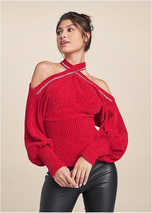 Crisscross Front Cold Shoulder Sweater Product Image