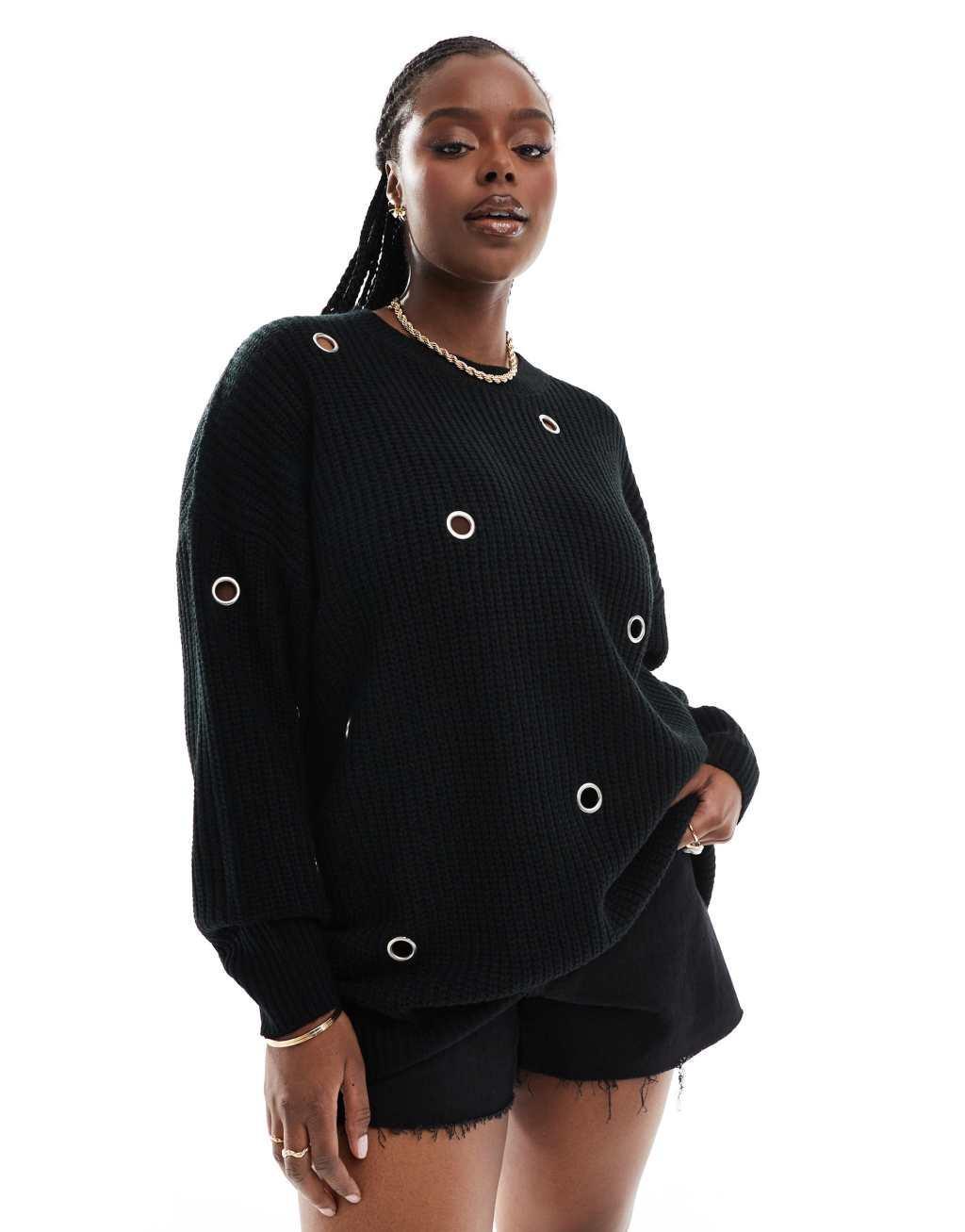 Yours eyelet sweater in black Product Image