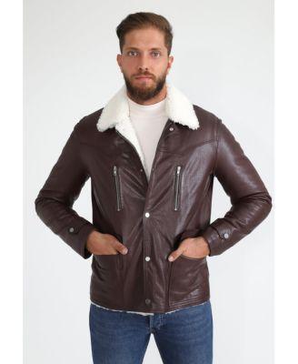 Men's Genuine Leather Coat with Shearling Lining, Burgundy Nappa and White Wool Product Image