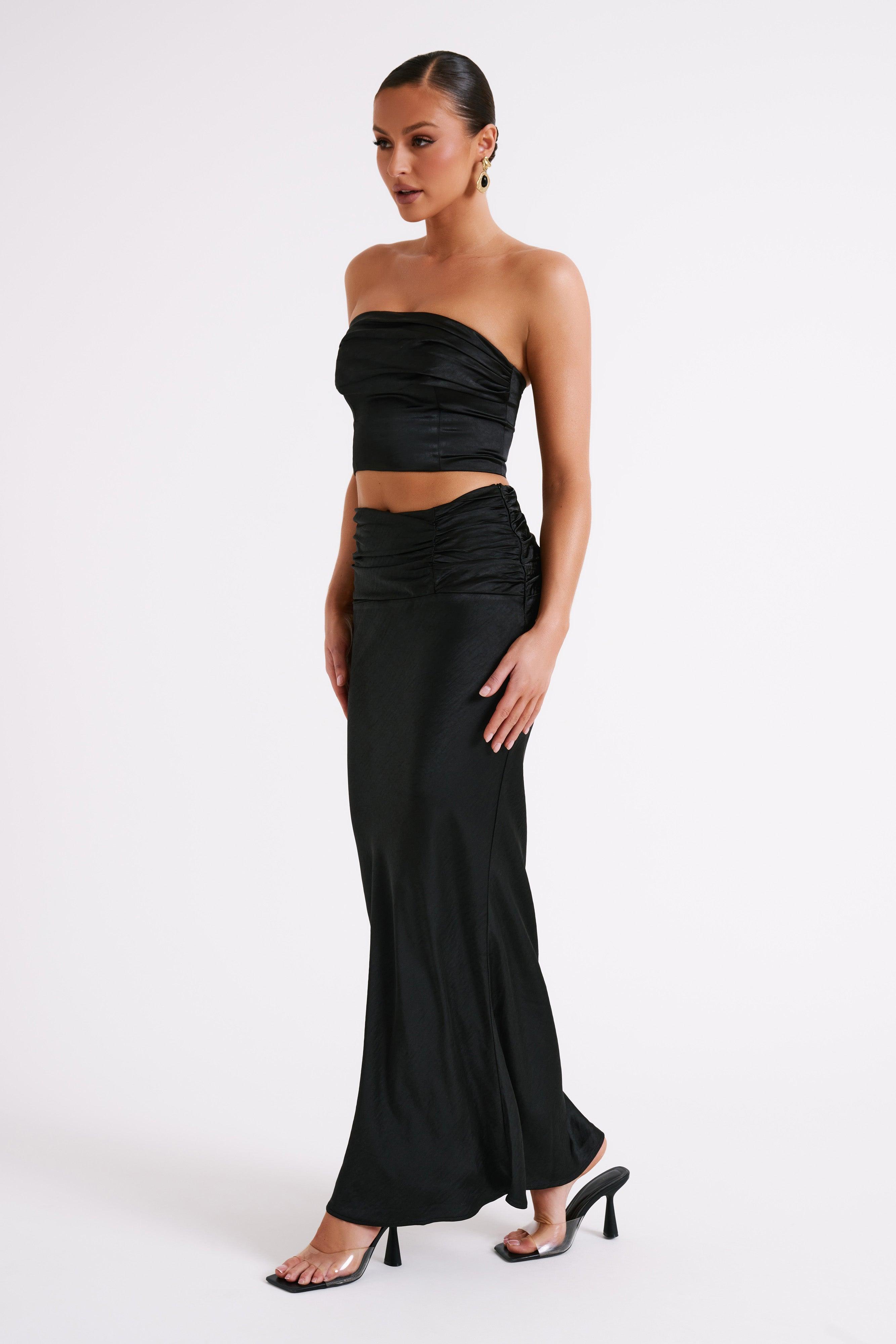 Khalani Ruched Satin Maxi Skirt - Black Product Image