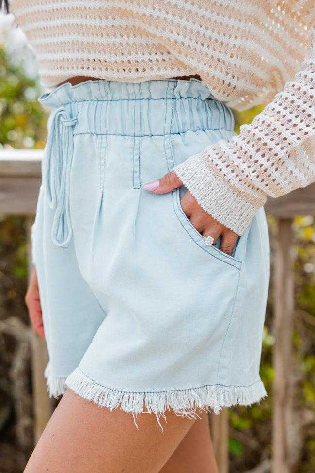 Finally Here Light Wash Chambray Frayed Hem Shorts Product Image