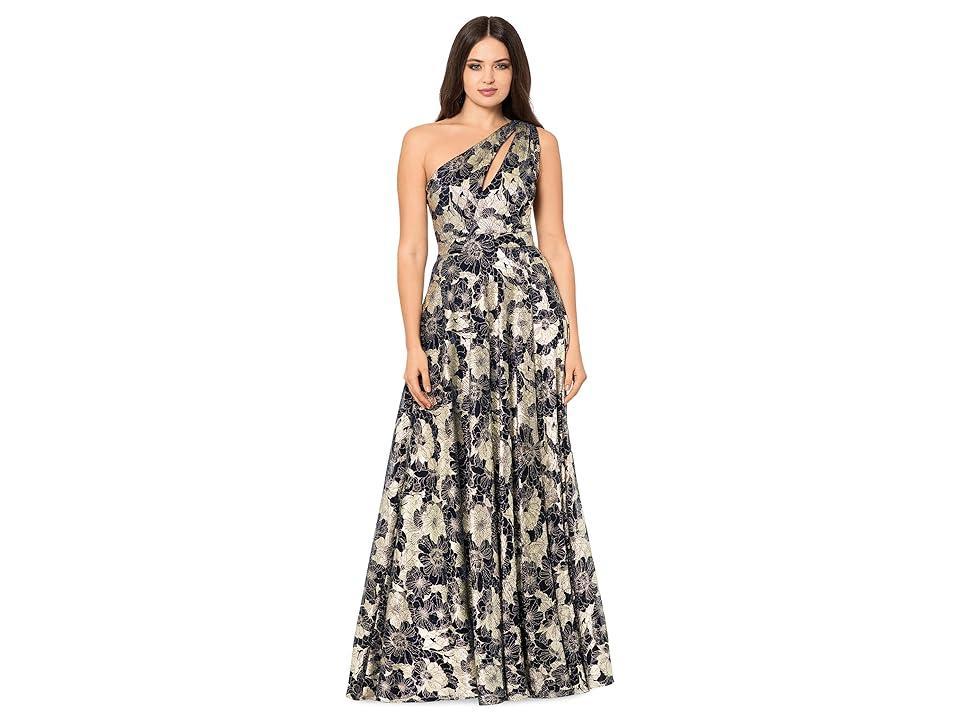 Betsy  Adam Metallic Floral One Shoulder Keyhole Sleeveless Gown Product Image