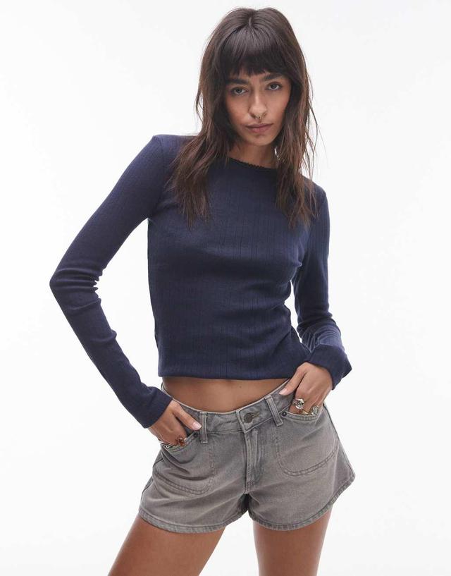 Topshop picot trim pointelle long sleeve top in navy Product Image