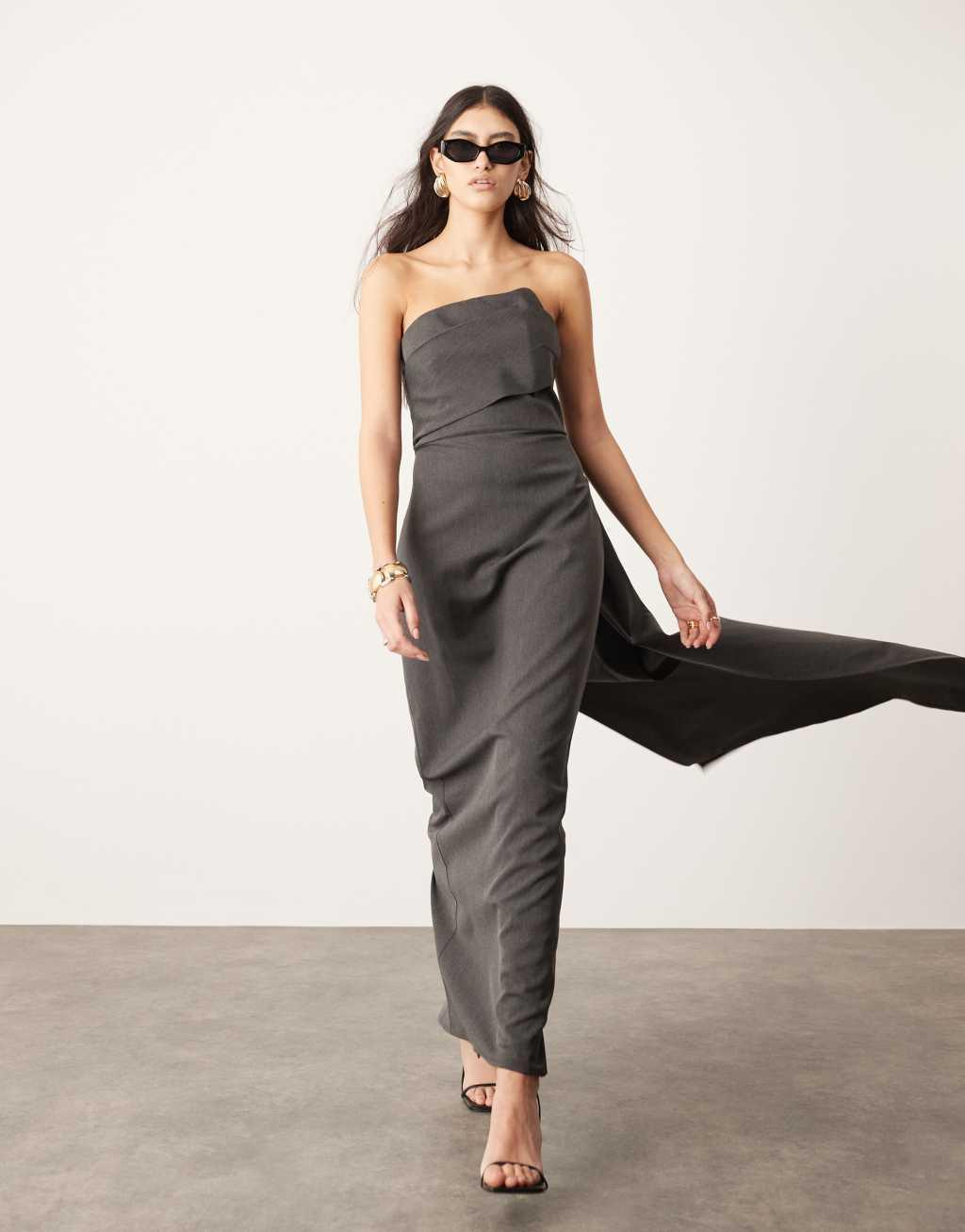 ASOS EDITION tailored asymmetric neck bandeau maxi dress with train in charcoal gray Product Image