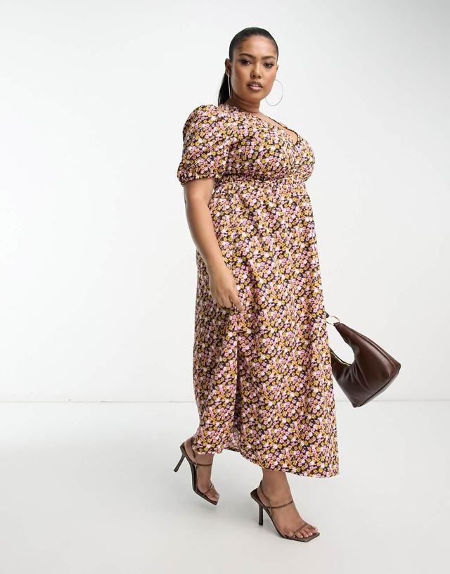 ASOS DESIGN Curve shirred waist midi tea dress with volume sleeve in ditsy print Product Image