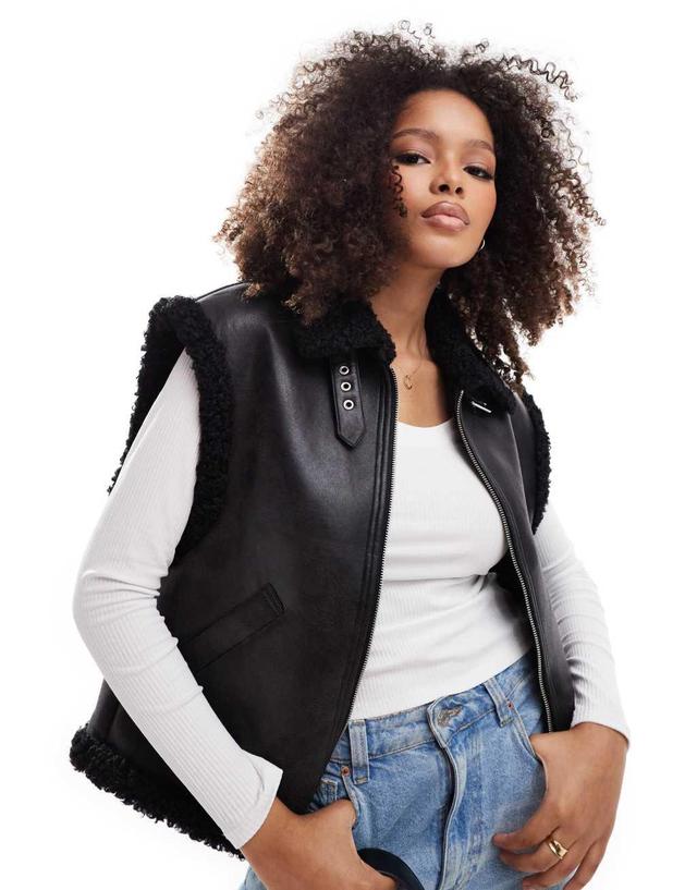 ASOS DESIGN shearling bomber vest in black Product Image