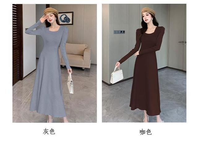 Long-Sleeve Square Neck Plain Midi A-Line Knit Dress Product Image