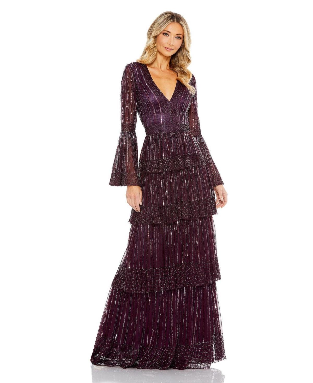 Womens Embellished Tiered Bell-Sleeve Gown Product Image