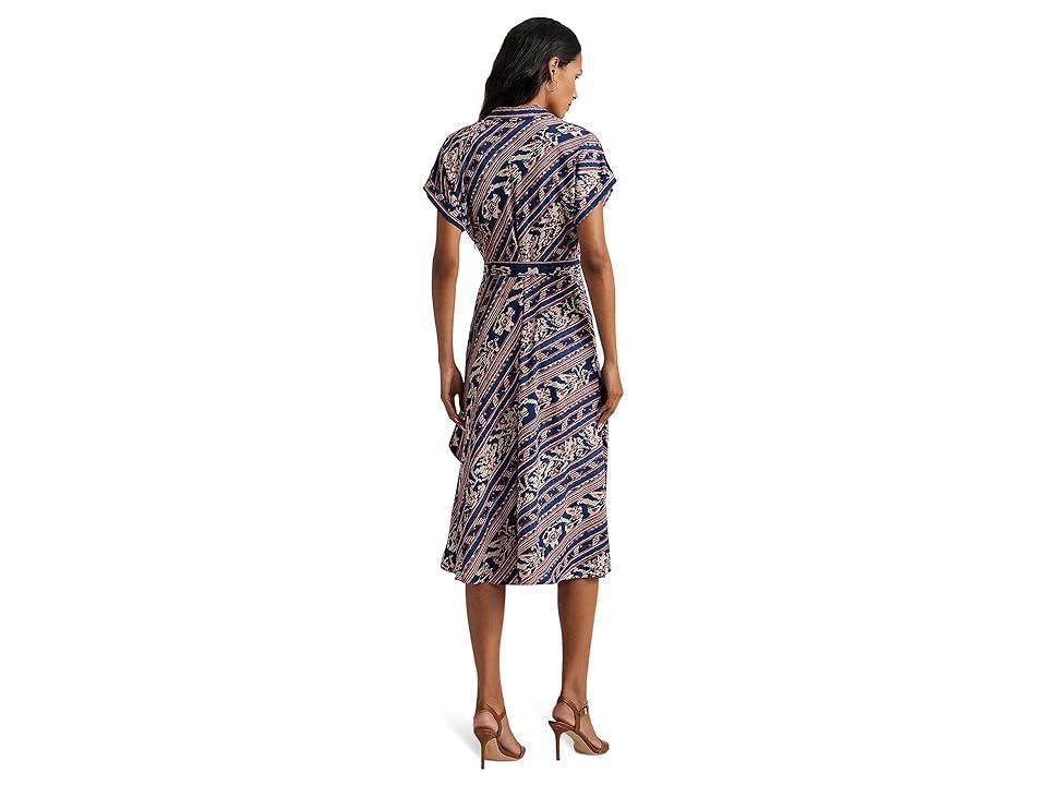 LAUREN Ralph Lauren Geo-Stripe Belted Crepe Dress (Navy Multi) Women's Dress Product Image