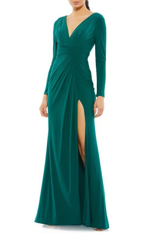 Mac Duggal Long Sleeve Wrap Jersey Gown Product Image