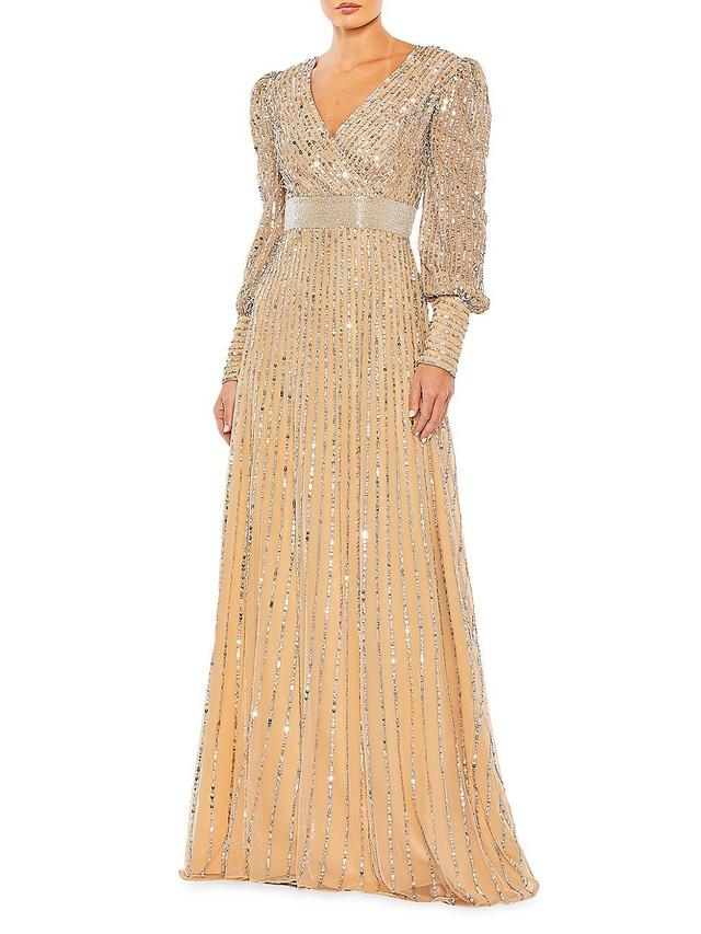 Womens Sequin Wrap-Over Bishop-Sleeve Gown Product Image