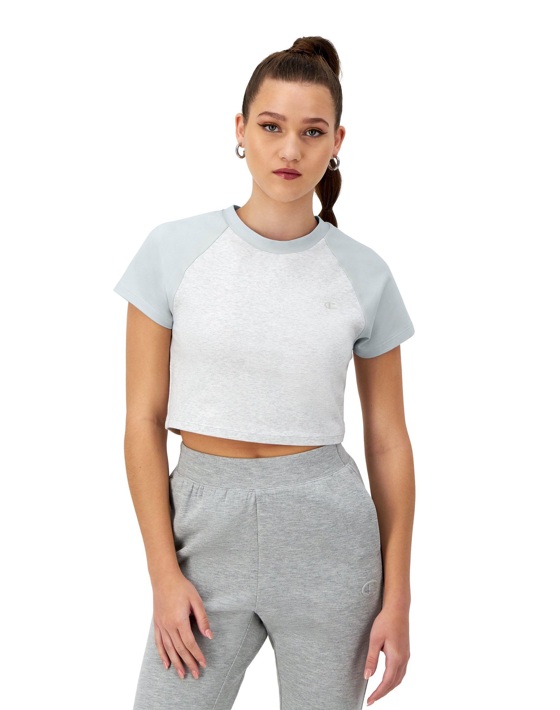 Womens Champion Ringer T-Shirt, Cropped, Colorblocked, C Logo Silver Grey/Crisp Morning Blue XL Product Image